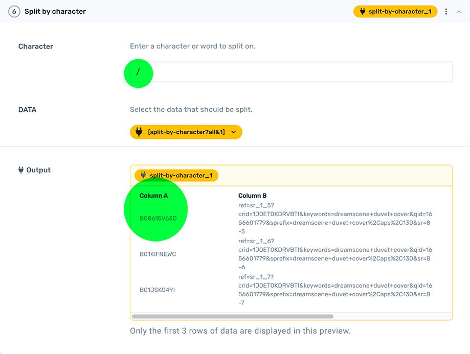 Split character step extracting ASIN from Amazo using axiom.ai's no-code bot builder