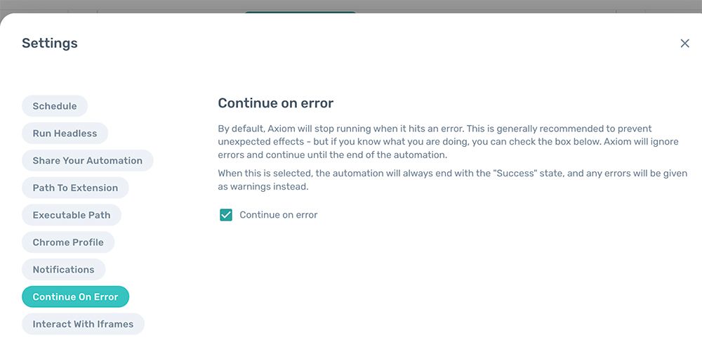 continue on error in axiom.ai