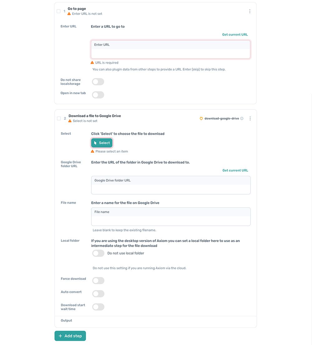 axiom.ai making download file to google drive bot