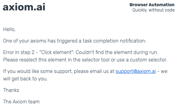 axiom.ai email notification about a task completion issue. The email states that an automation encountered an error in step 2 ('Click element') because the element could not be found during the run. It advises the user to reselect the element using the selector tool or use a custom selector. The email also provides axiom.ai's support email (support@axiom.ai) for assistance. The email is signed by 'The Axiom team.'