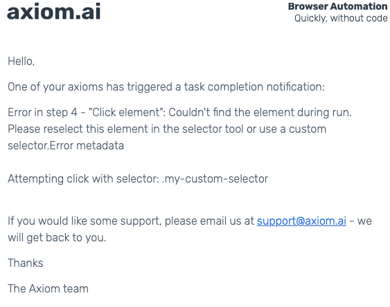 axiom.ai email notification about a task completion issue. The email states that an automation encountered an error in step 4 ('Click element') because the element could not be found during the run. It advises the user to reselect the element using the selector tool or use a custom selector. The email includes error metadata, showing the attempted click with the selector '.my-custom-selector'. It also provides axiom.ai's support email (support@axiom.ai) for assistance. The email is signed by 'The Axiom team.'