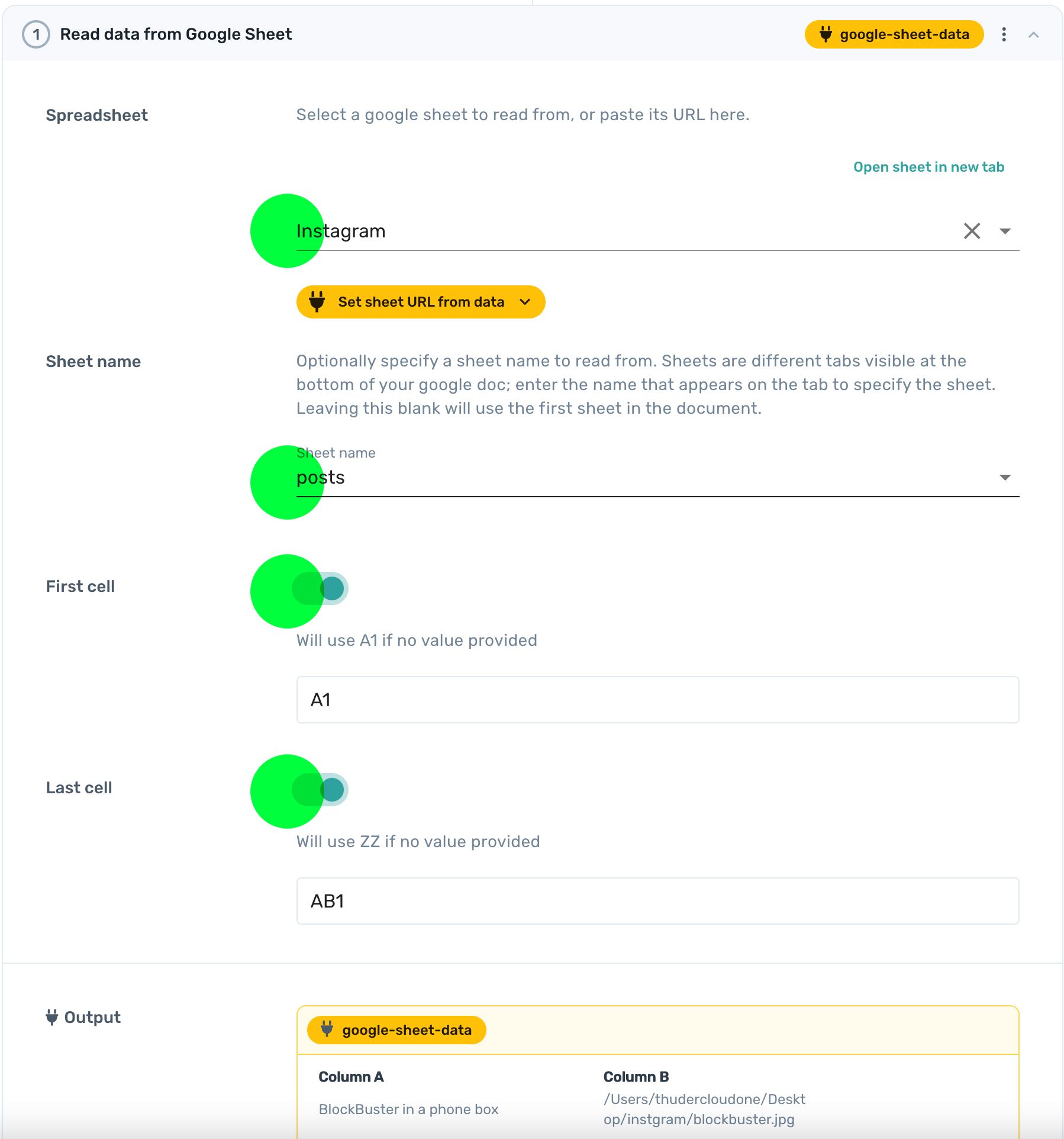 Set up axiom.ai to read data from a Google Sheet