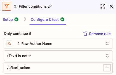 reddit step configuration showing /u/karl_axiom filtered out