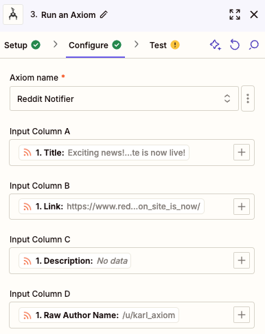 reddit step configuration showing run an axiom configuration