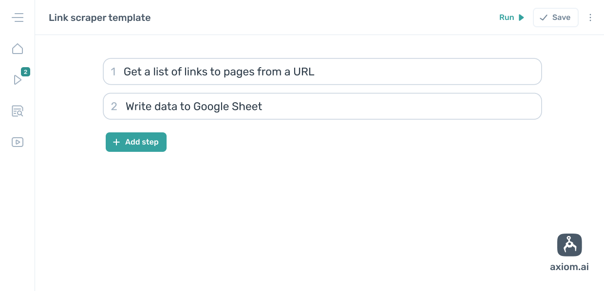 axiom.ai design pattern for scraping links from listing pages