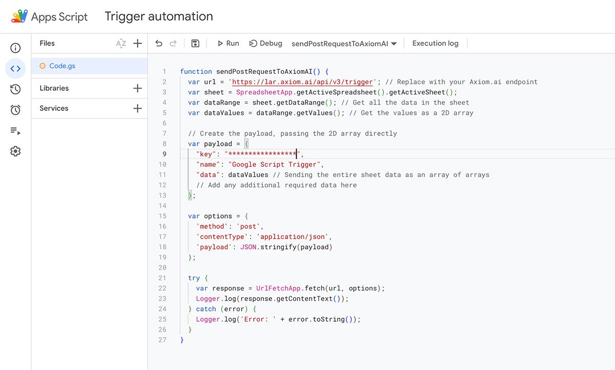 Google App Script trigger axiom.ai bot run with API call
