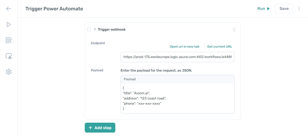 set up trigger a wehook step in axiom.ai