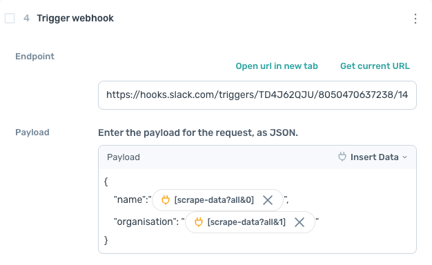 set up 'trigger webhook' step in axiom.ai to trigger a slack workflow using the slack workflow payload format