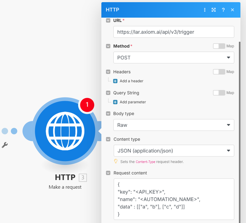 A Make HTTP request module configured to call the axiom.ai trigger endpoint