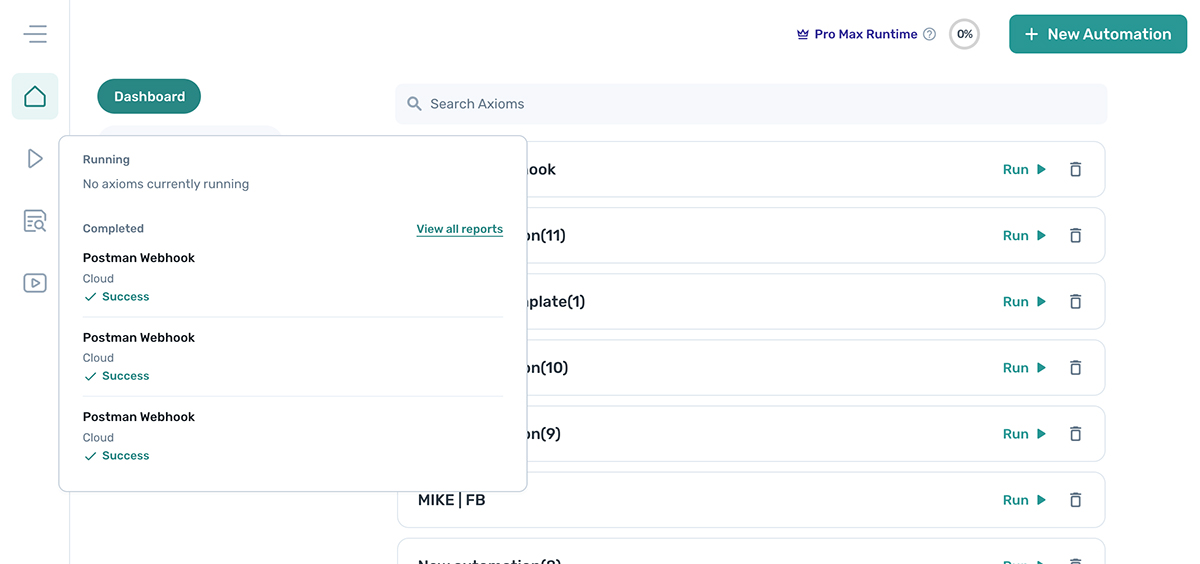 Run status view in the axiom.ai dashboard