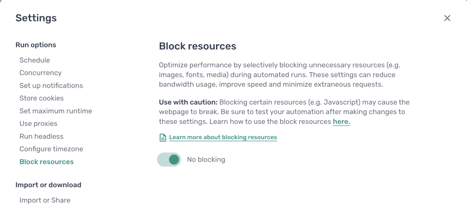 The block resources settings panel in the axiom.ai Builder