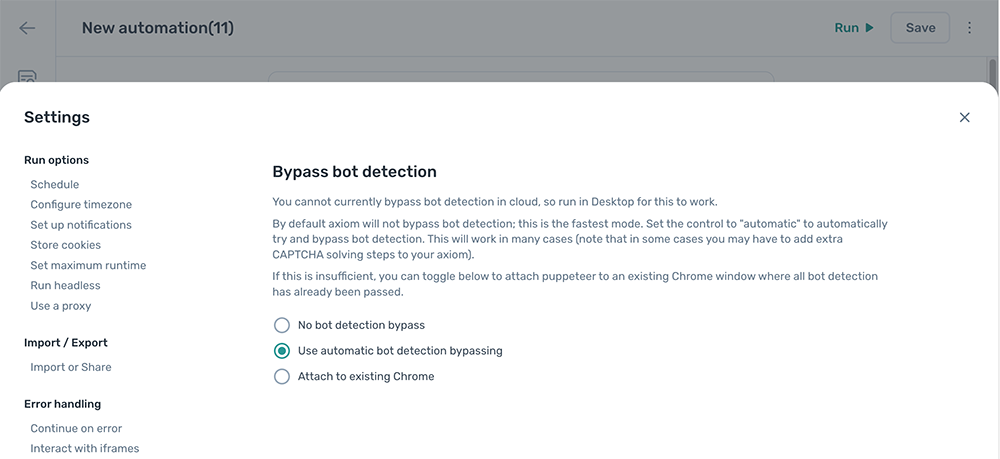 The bypass bot detection settings panel in the axiom.ai Builder