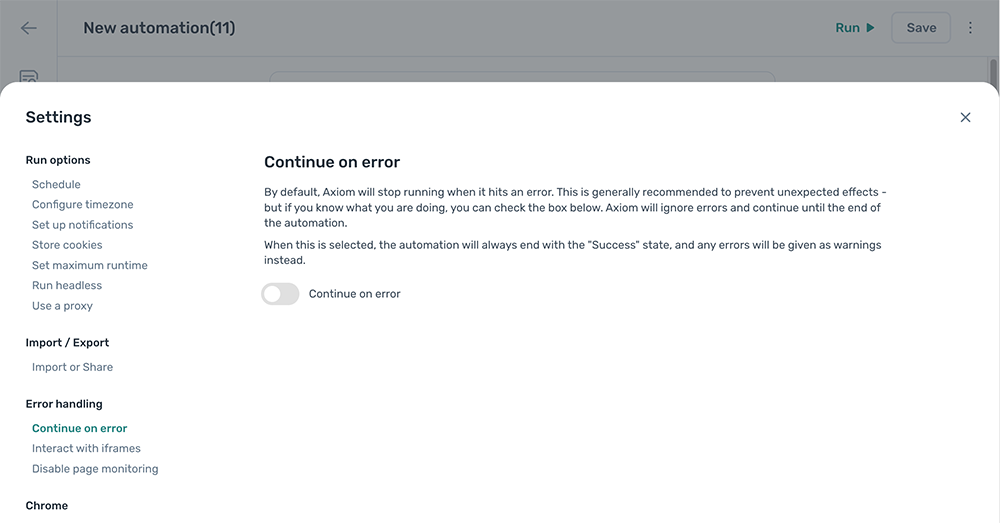 The Continue on error settings panel in the axiom.ai Builder