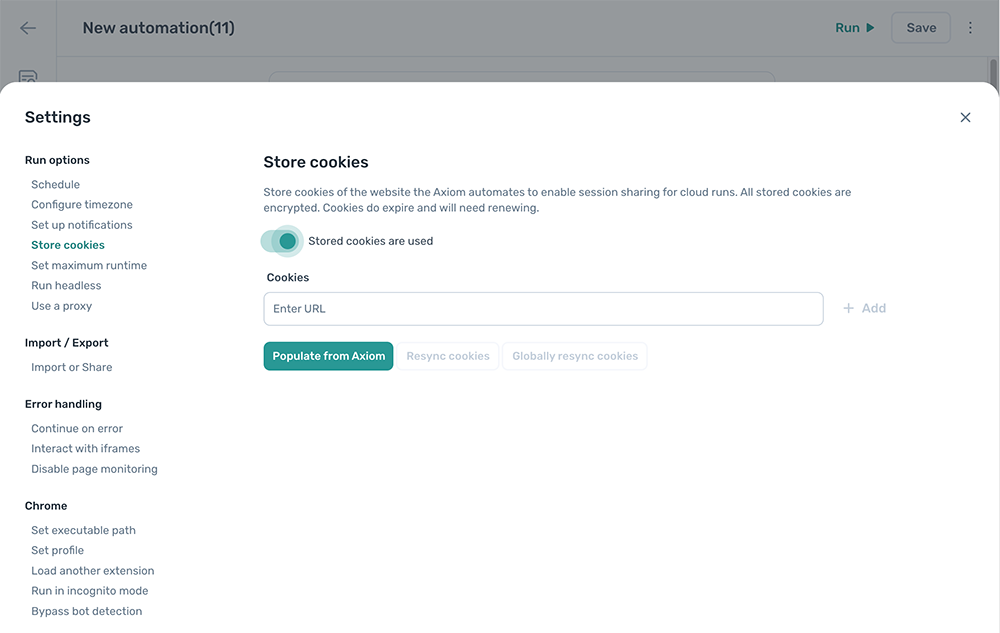 The store cookies settings panel in the axiom.ai Builder