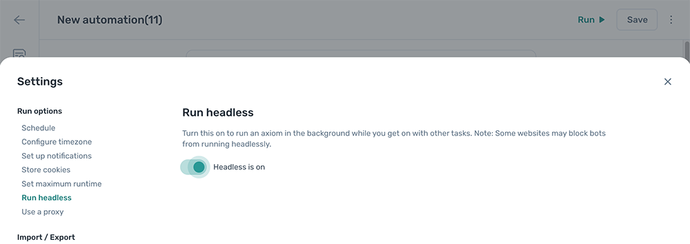 The headless mode settings panel in the axiom.ai Builder