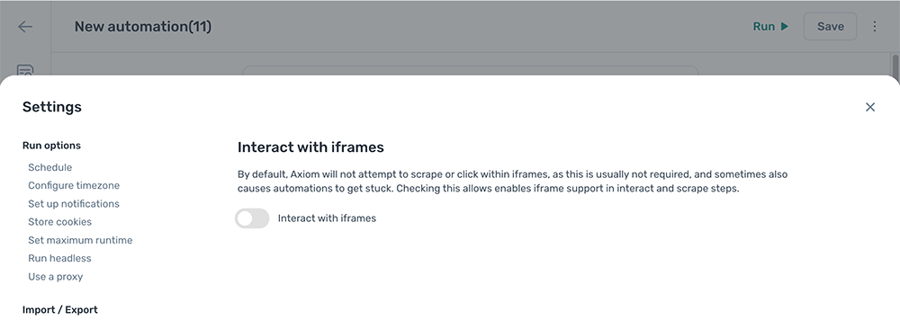 The Interact with iframes settings panel in the axiom.ai Builder
