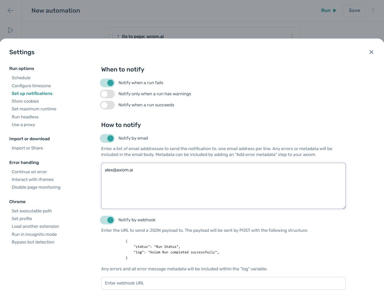 The notification settings panel in the axiom.ai Builder
