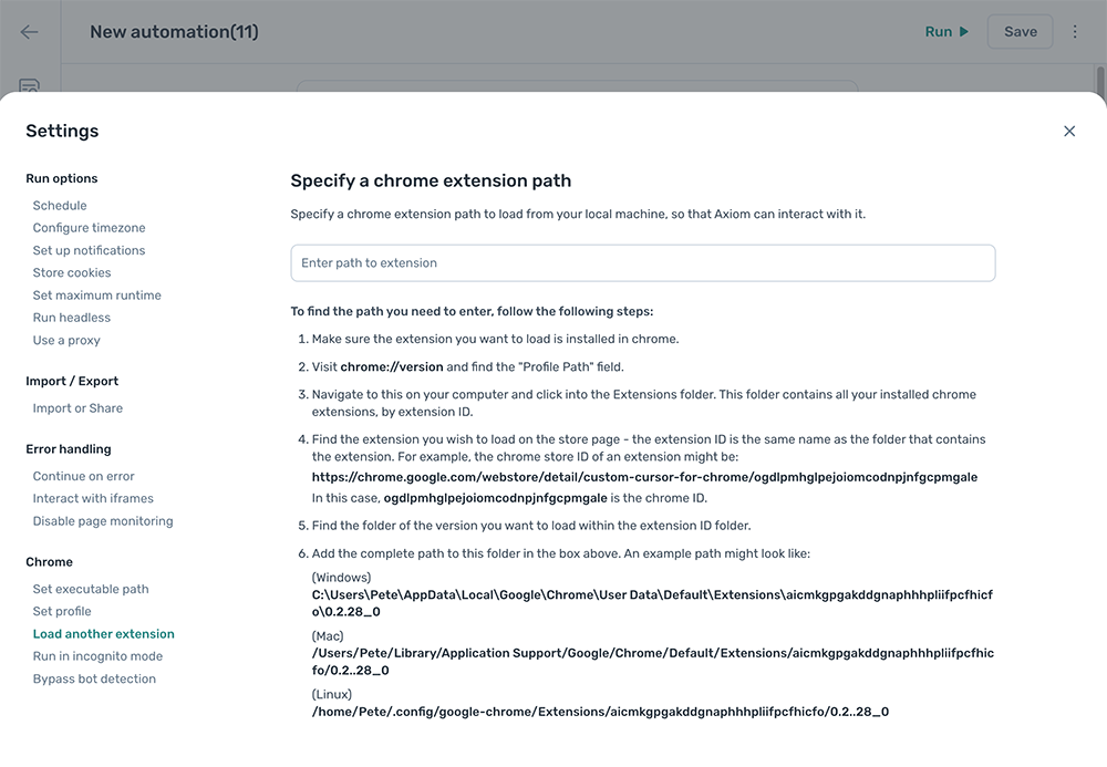 The set executable path settings panel in the axiom.ai Builder