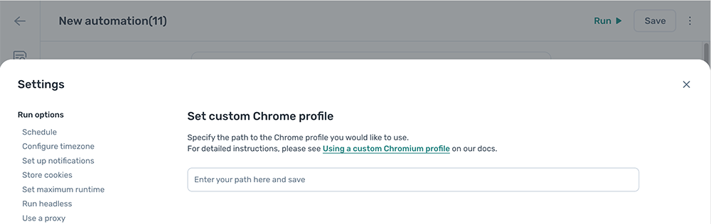 The set custom Chromium profile settings panel in the axiom.ai Builder