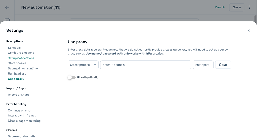 The proxy settings panel in the axiom.ai Builder