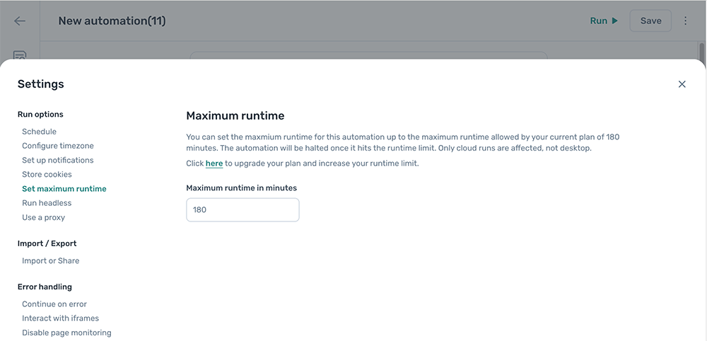 The maximum runtime settings panel in the axiom.ai Builder