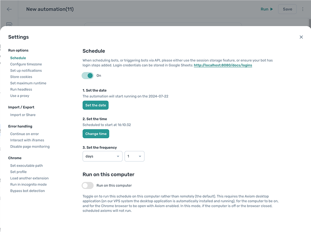 The schedule settings panel in the axiom.ai Builder