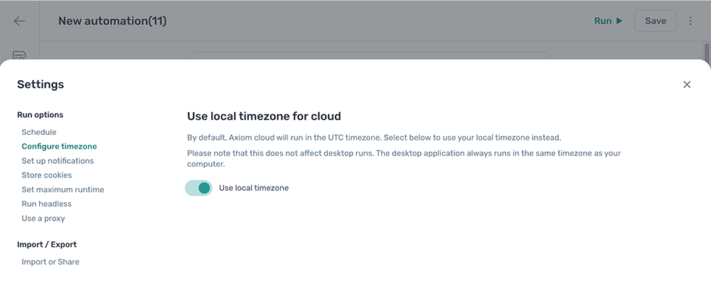 The timezone settings panel in the axiom.ai Builder