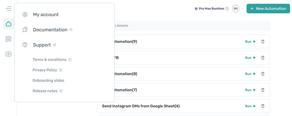 The axiom.ai account menu opened from the dashboard