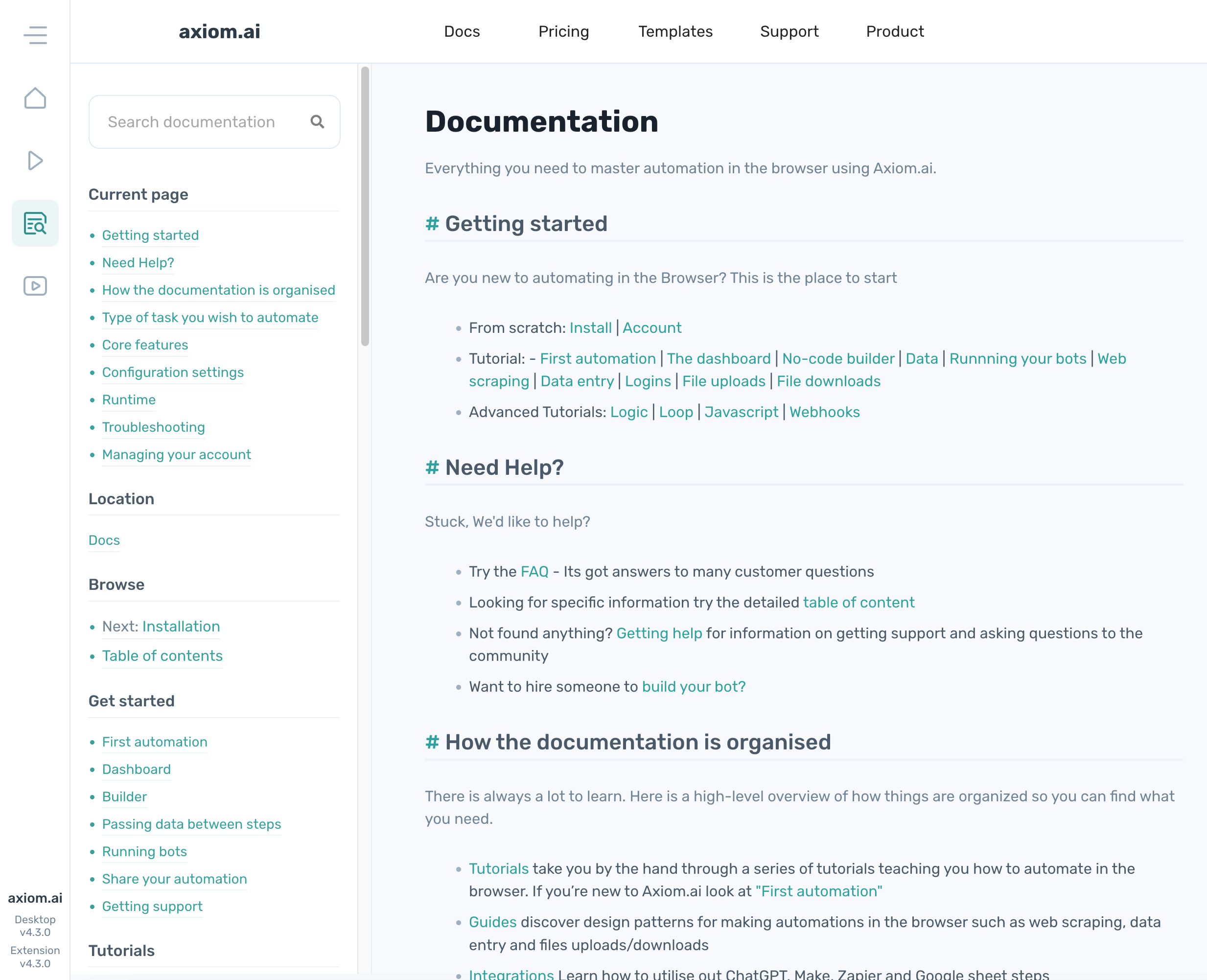 The embedded documentation view inside the axiom.ai dashboard