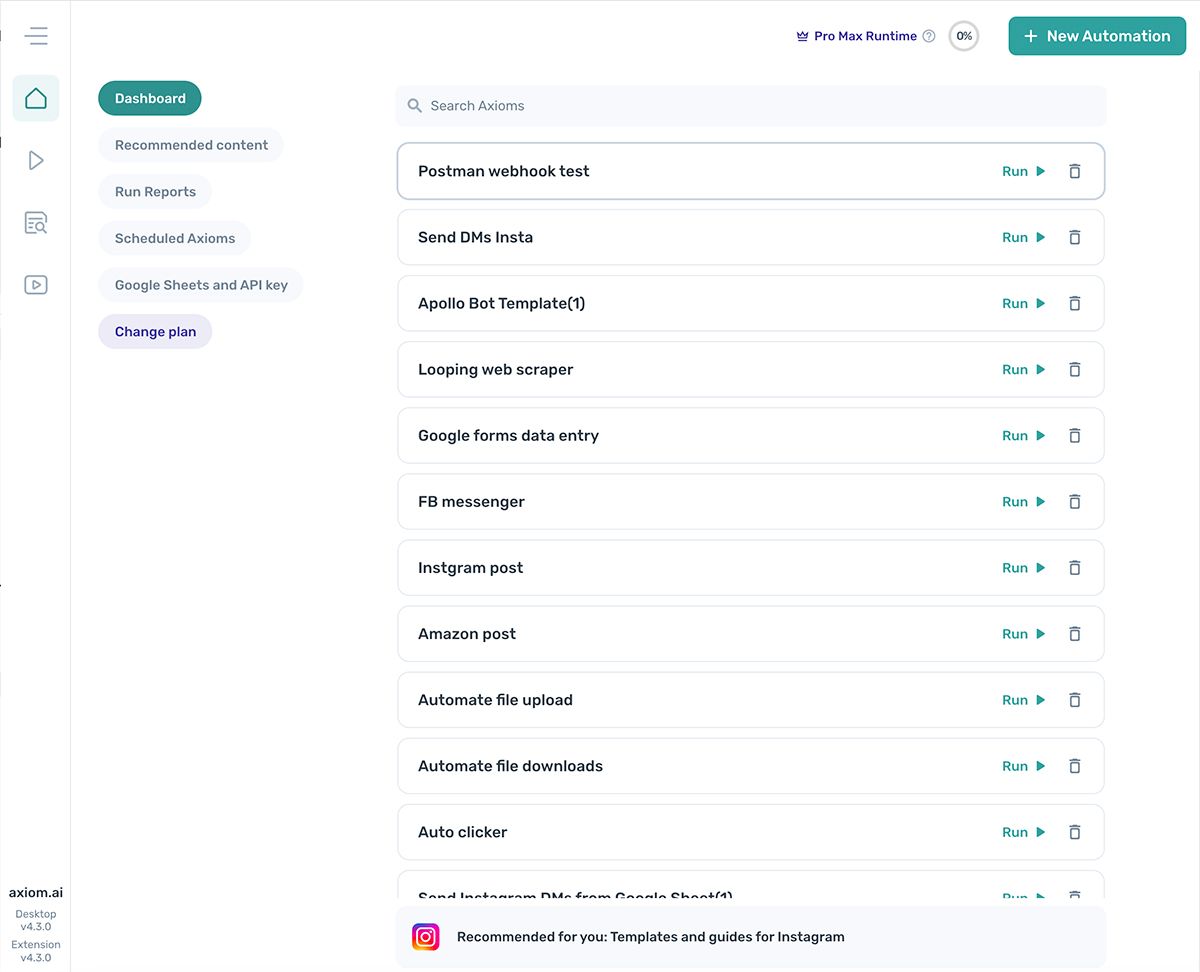 The axiom.ai dashboard with the icon toolbar, header, left menu, and automations list