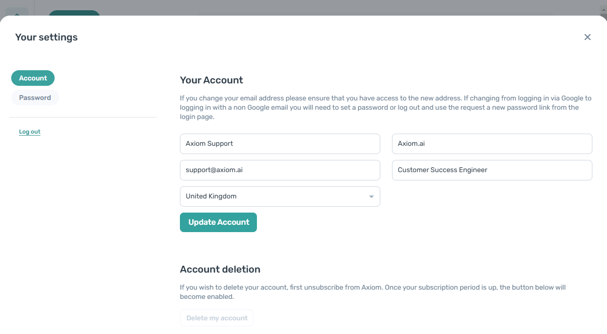 The email address field in the axiom.ai account settings