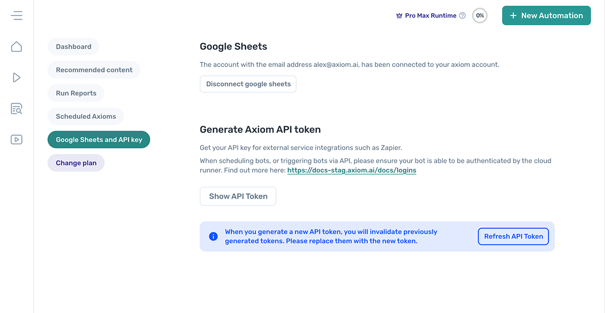 Google Sheets and API key view in the axiom.ai dashboard