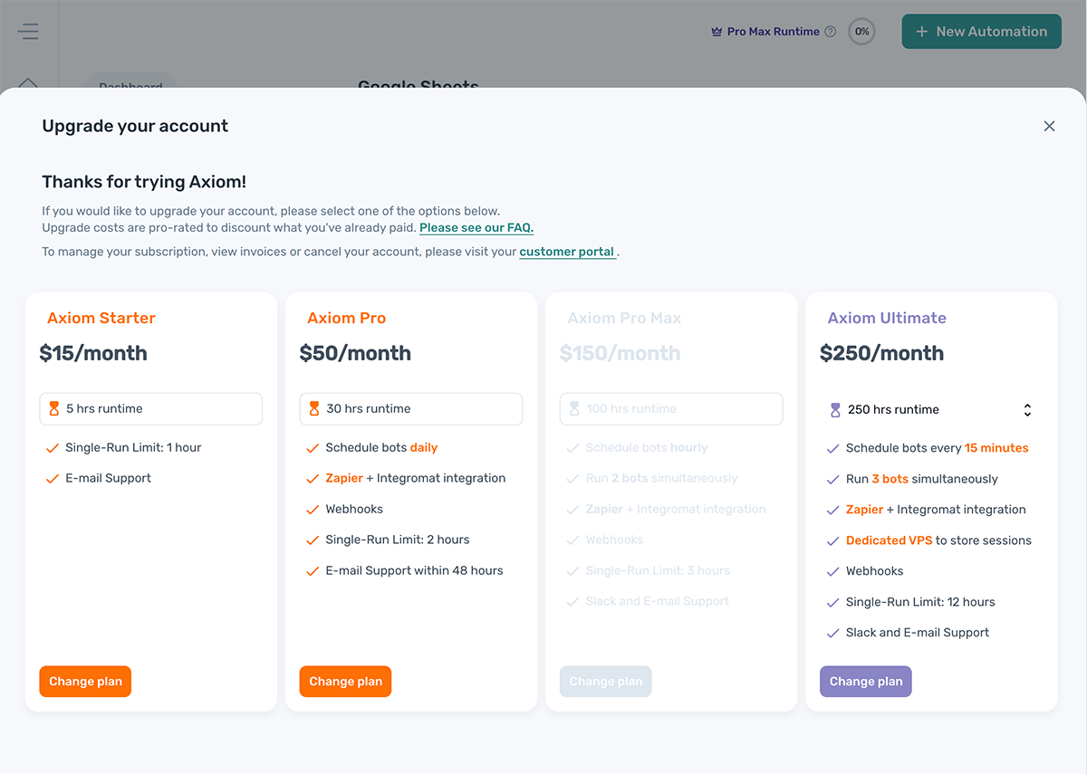 The change subscription plan view in the axiom.ai dashboard