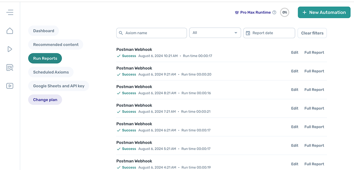 Run reports view in the axiom.ai dashboard