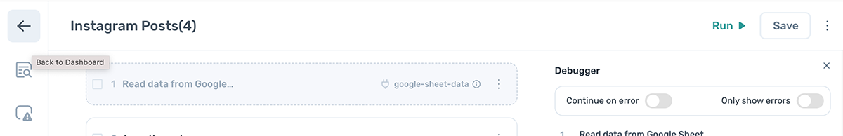 The back button to return to the dashboard from the axiom.ai Builder