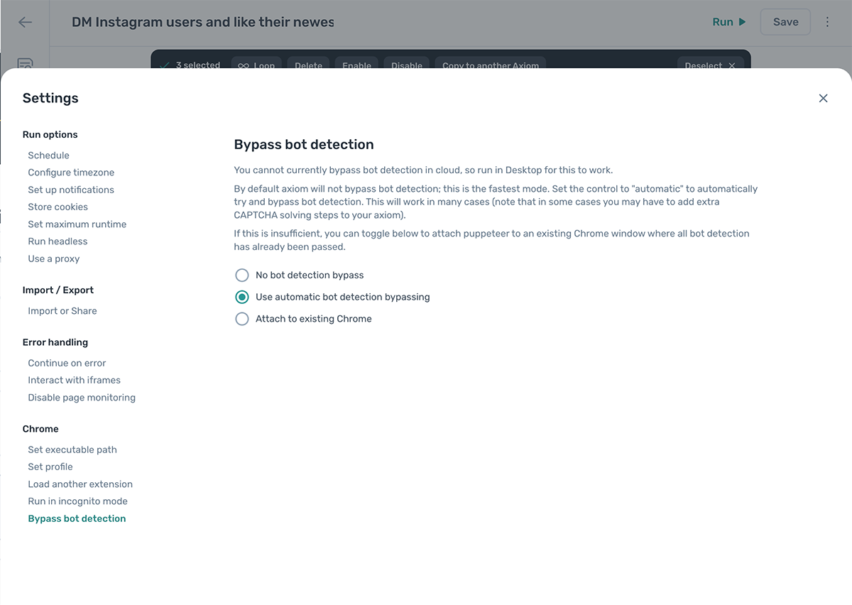 The Chrome settings panel with bot blocking options