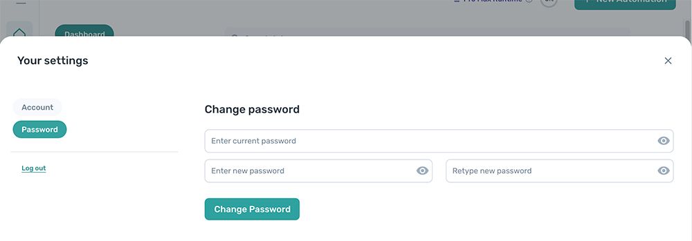 The change password form in the axiom.ai account settings