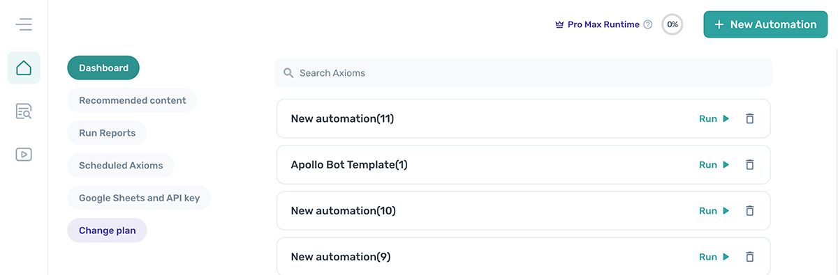The Change plan button in the axiom.ai extension