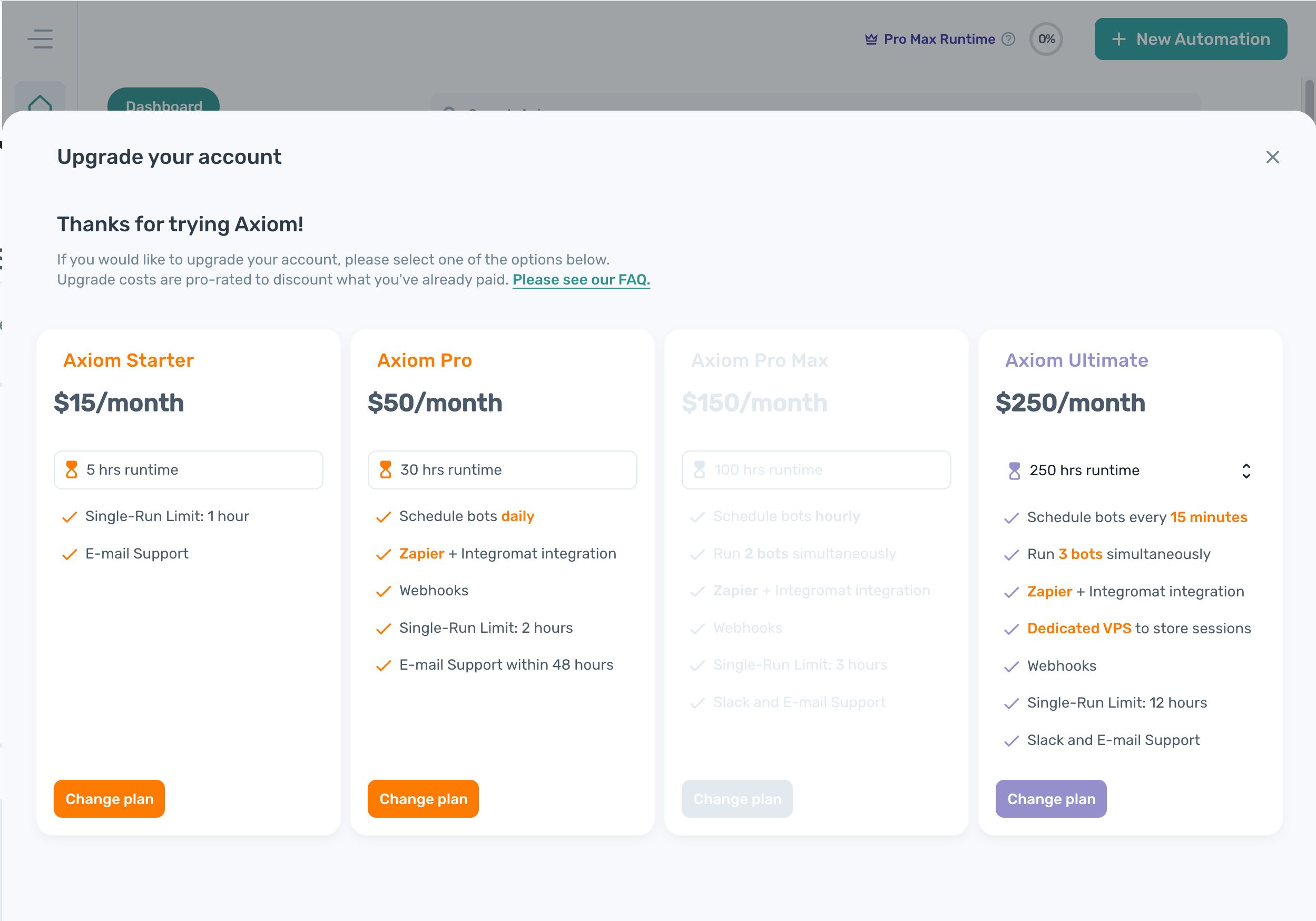 Selecting a new plan from the change plan list