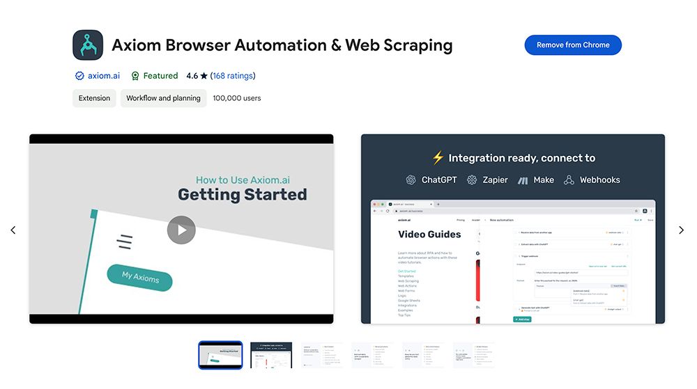 The axiom.ai listing in the Chrome Web Store with the Add to Chrome button highlighted