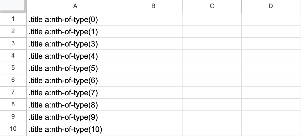 A Google Sheet containing a column of CSS selectors used to drive the loop