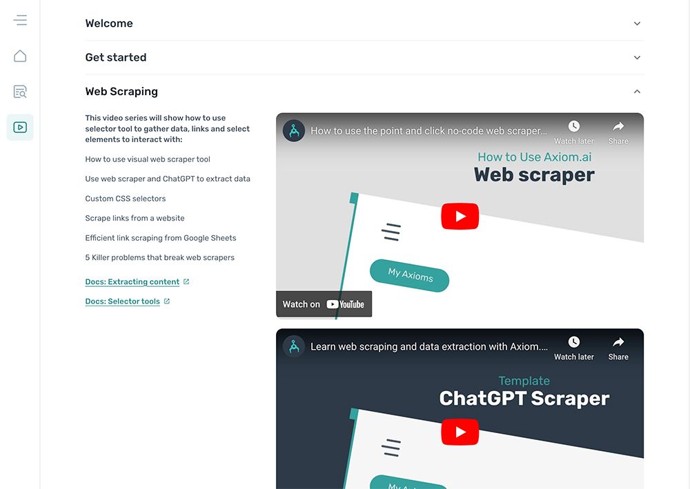 Video guides accessible from the axiom.ai dashboard