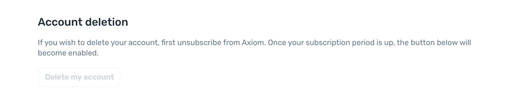 The delete account section in the axiom.ai account settings