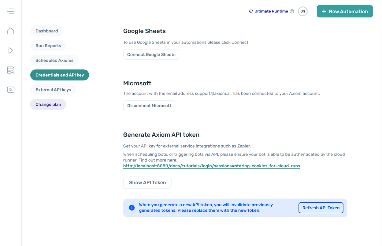 The Credentials and API key screen with the Disconnect Microsoft button highlighted