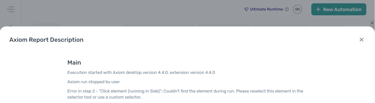 A run report showing errors from a previous automation run