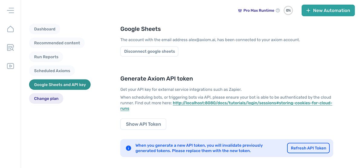 The Google Sheets and API key screen with the Disconnect button highlighted