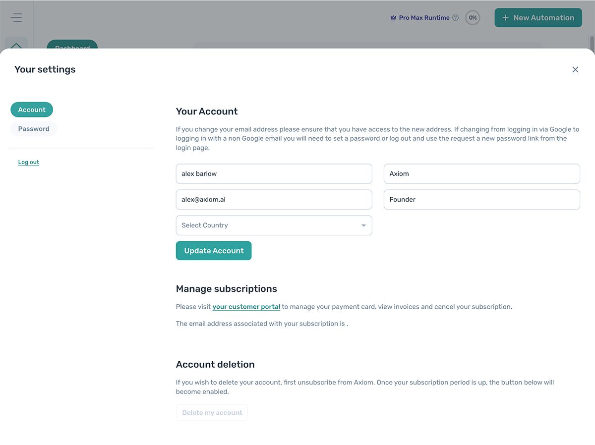 The My account view in the axiom.ai dashboard
