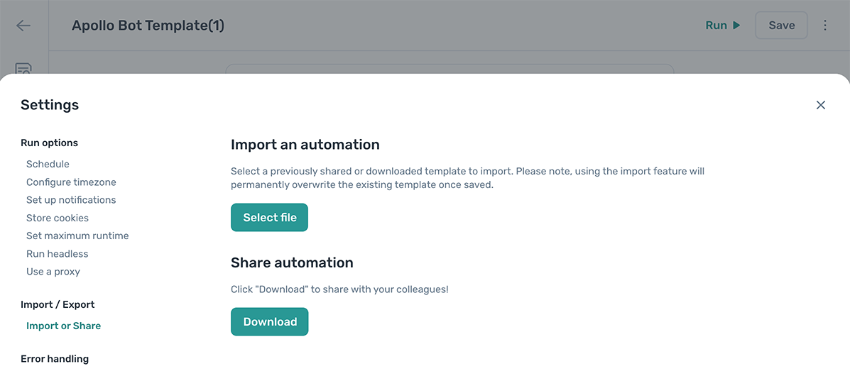 The import or download settings panel in the axiom.ai Builder