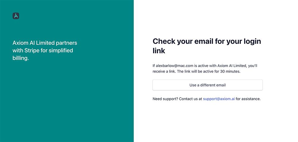The Stripe payment portal opened from axiom.ai