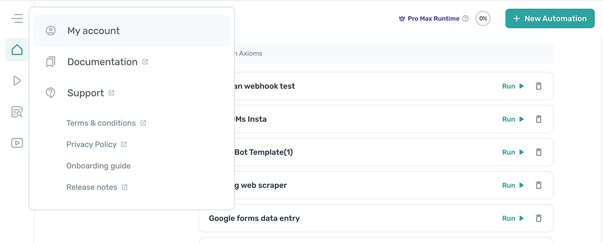 The axiom.ai dashboard icon toolbar